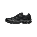 Side view of a black Salomon XT-6 Gore-Tex trail running shoe with toe pointing left, showing quick-lace system, mesh panels, and gray branding on the lateral side.