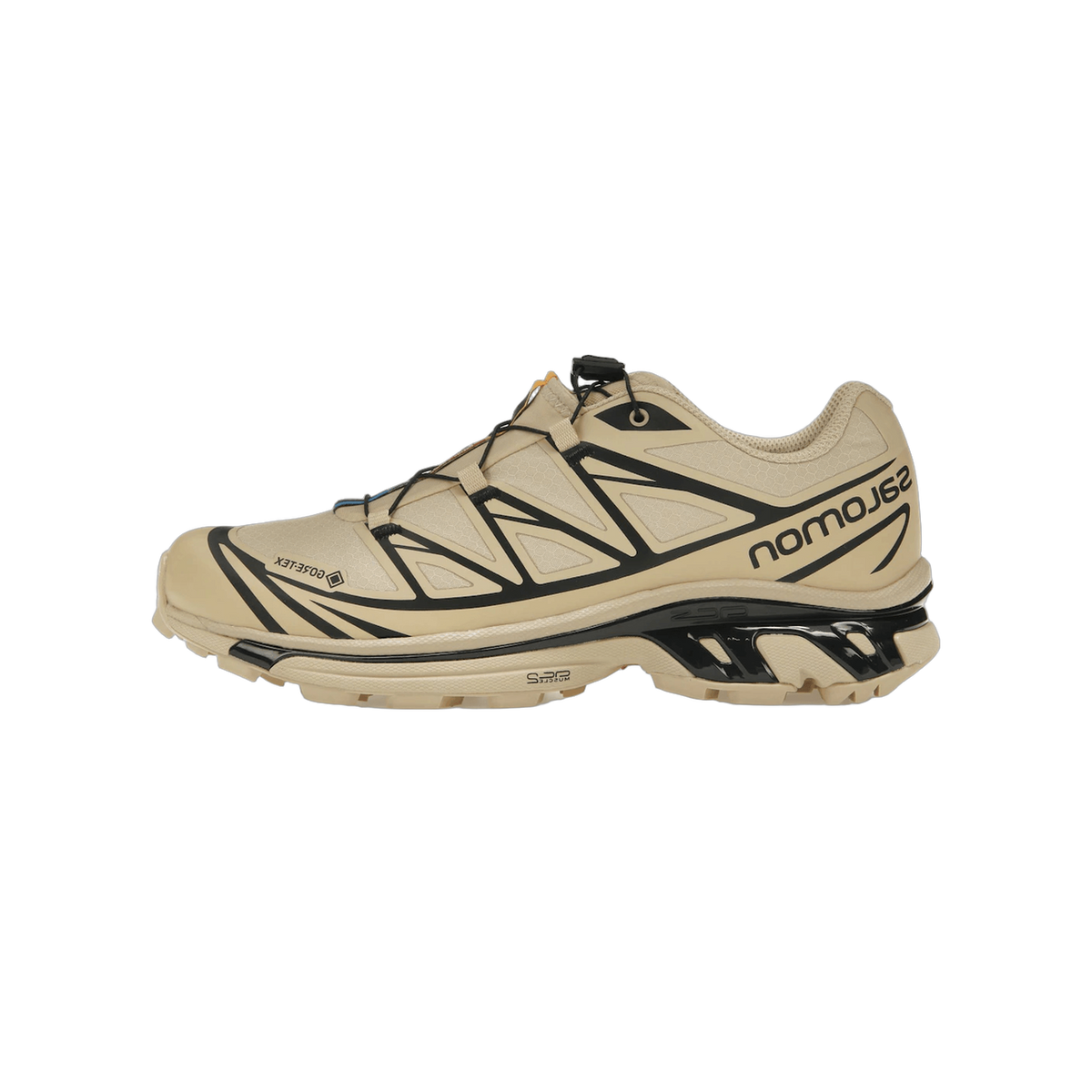 Beige Salomon XT-6 Gore-Tex sneaker shown from the side with toe pointing left, featuring black overlays, lace toggle, and black outsole