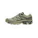 Side view of a sage green Salomon XT-6 Gore-Tex trail shoe with black webbing overlays, quick-lace system, and black branding on the lateral side.