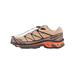 Right-side view of a tan and beige Salomon XT-6 sneaker with black lace cage overlays, grey midsole and orange accents on the outsole.