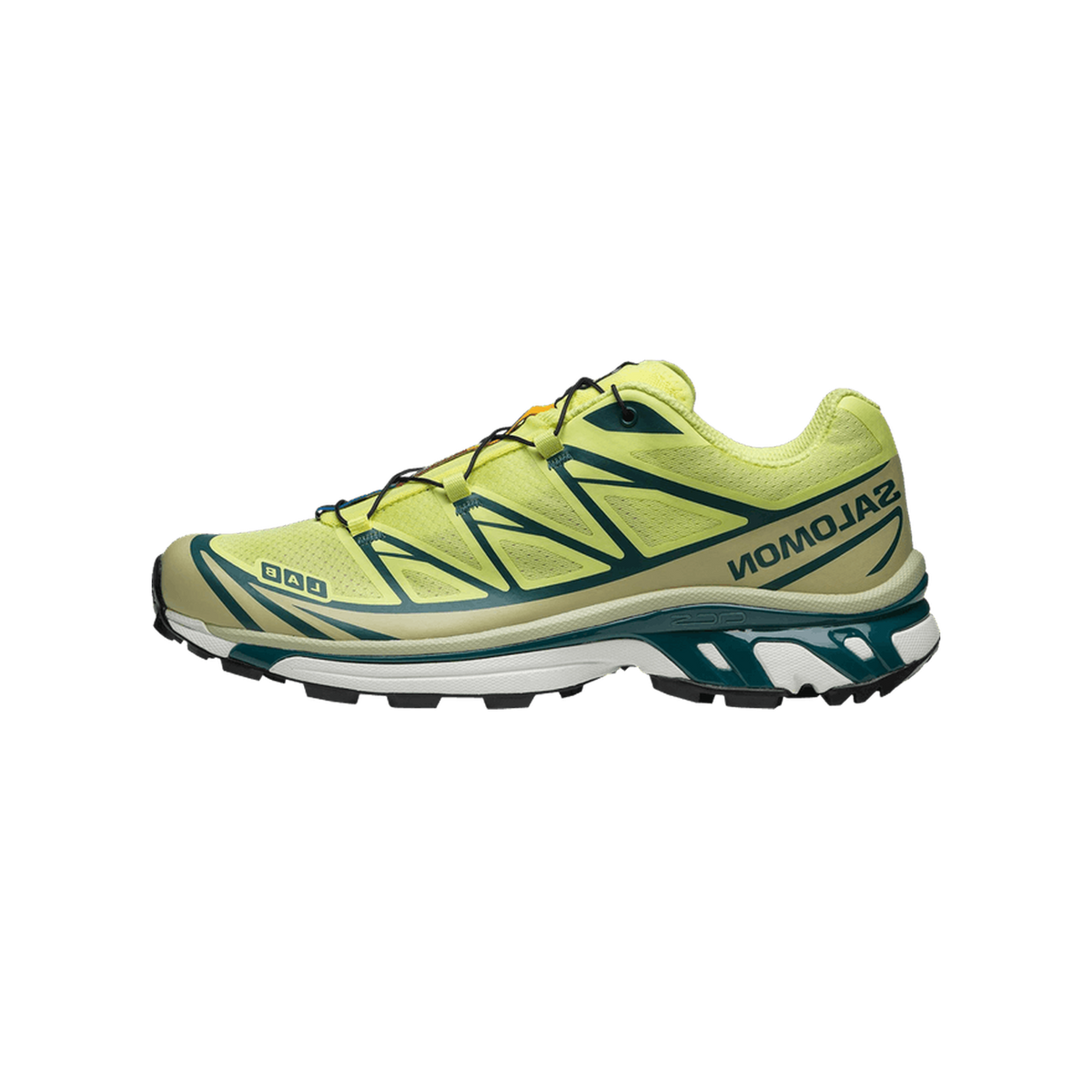 Side view of a lime green Salomon XT-6 trail shoe with dark teal overlays, white midsole, black lugged outsole, and toggle lacing, toe pointing left.