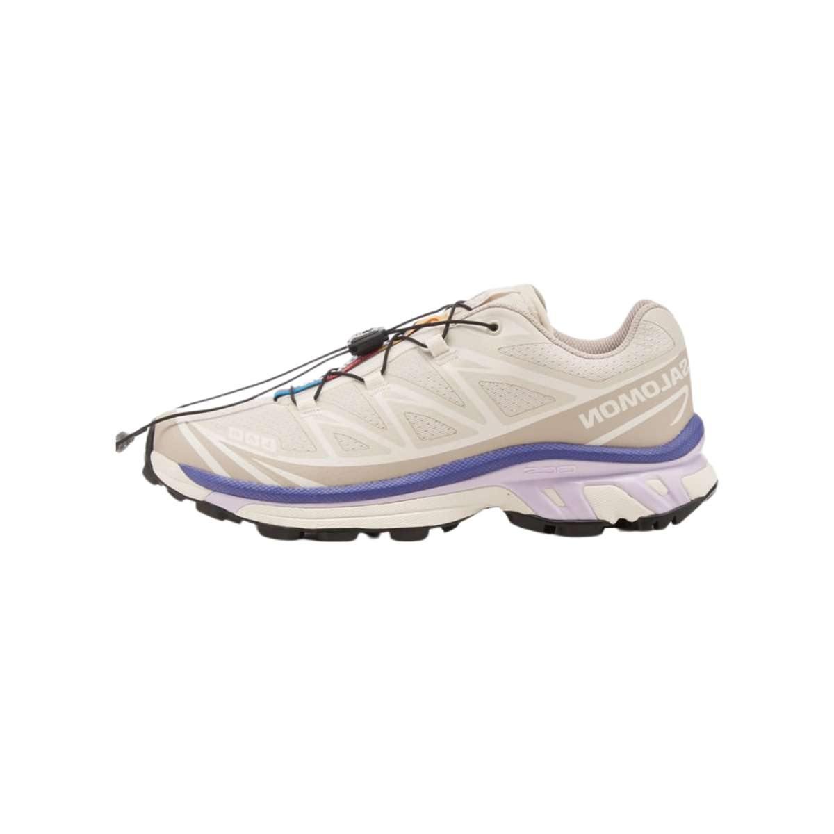 Side view of a cream Salomon XT-6 sneaker with purple and lavender midsole accents, black quick-lace toggle system, and white Salomon branding on the lateral side.
