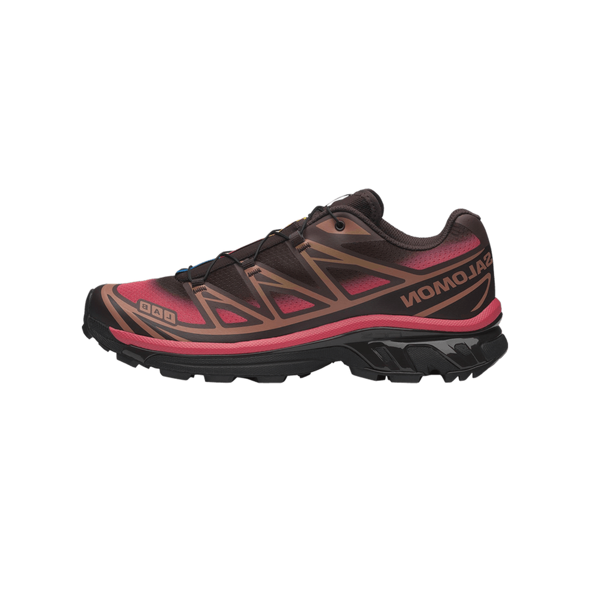 Right side view of a Salomon XT-6 trail running shoe in a brown-to-red gradient with black sole and pink laces, featuring quick-lace toggle and Salomon logo on the heel.