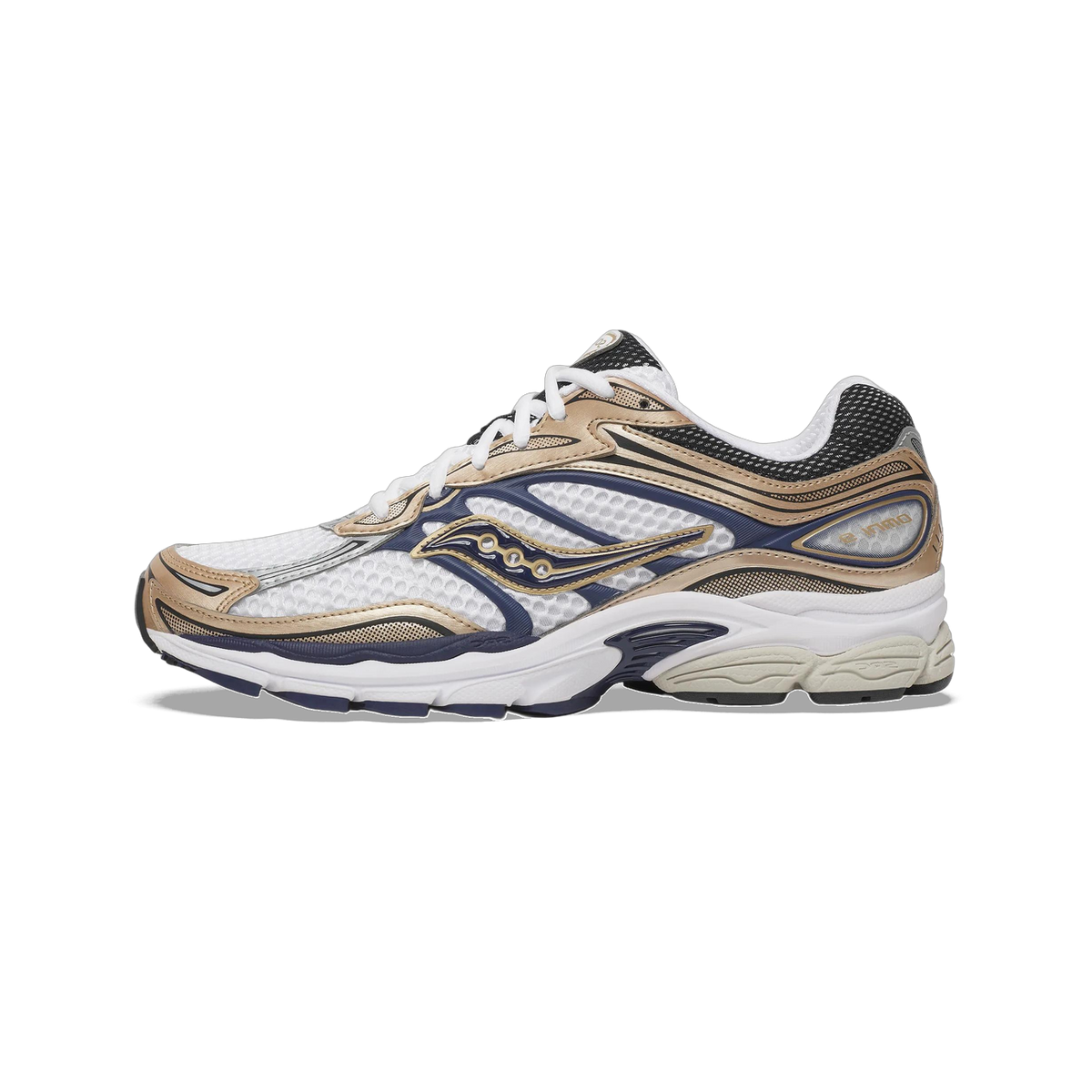 Right shoe lateral view of a Saucony ProGrid Omni 9 running shoe in white mesh with gold overlays, navy accents, black heel panel, and a white midsole with navy outsole details.