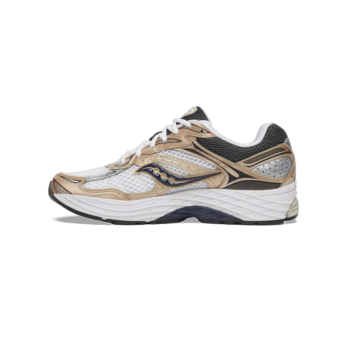 Lateral view of a white and gold Saucony ProGrid Omni 9 running shoe with black mesh panels and a navy S logo on the side.
