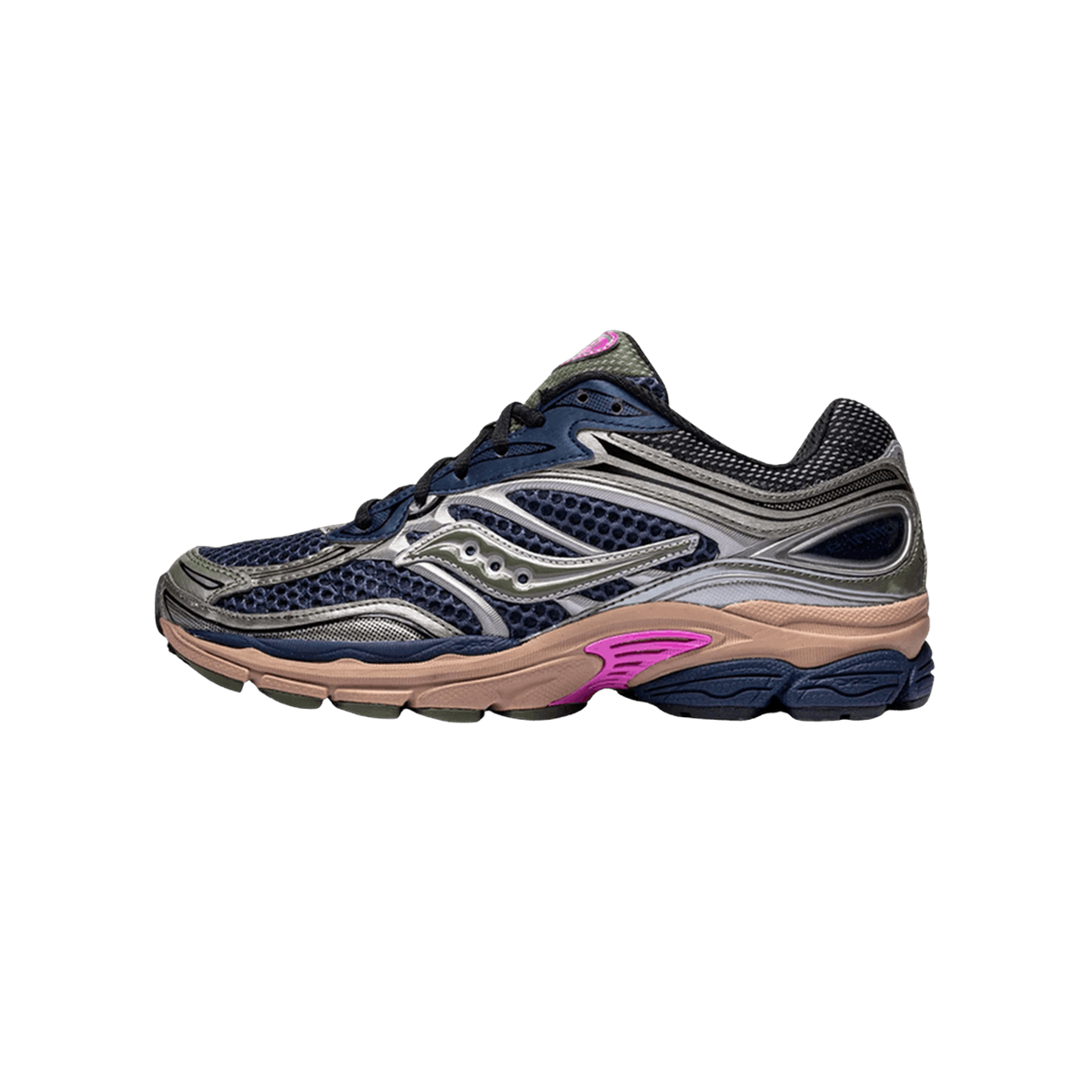 Lateral view of a navy blue mesh running shoe with silver overlays, pink accents, and a tan and navy midsole