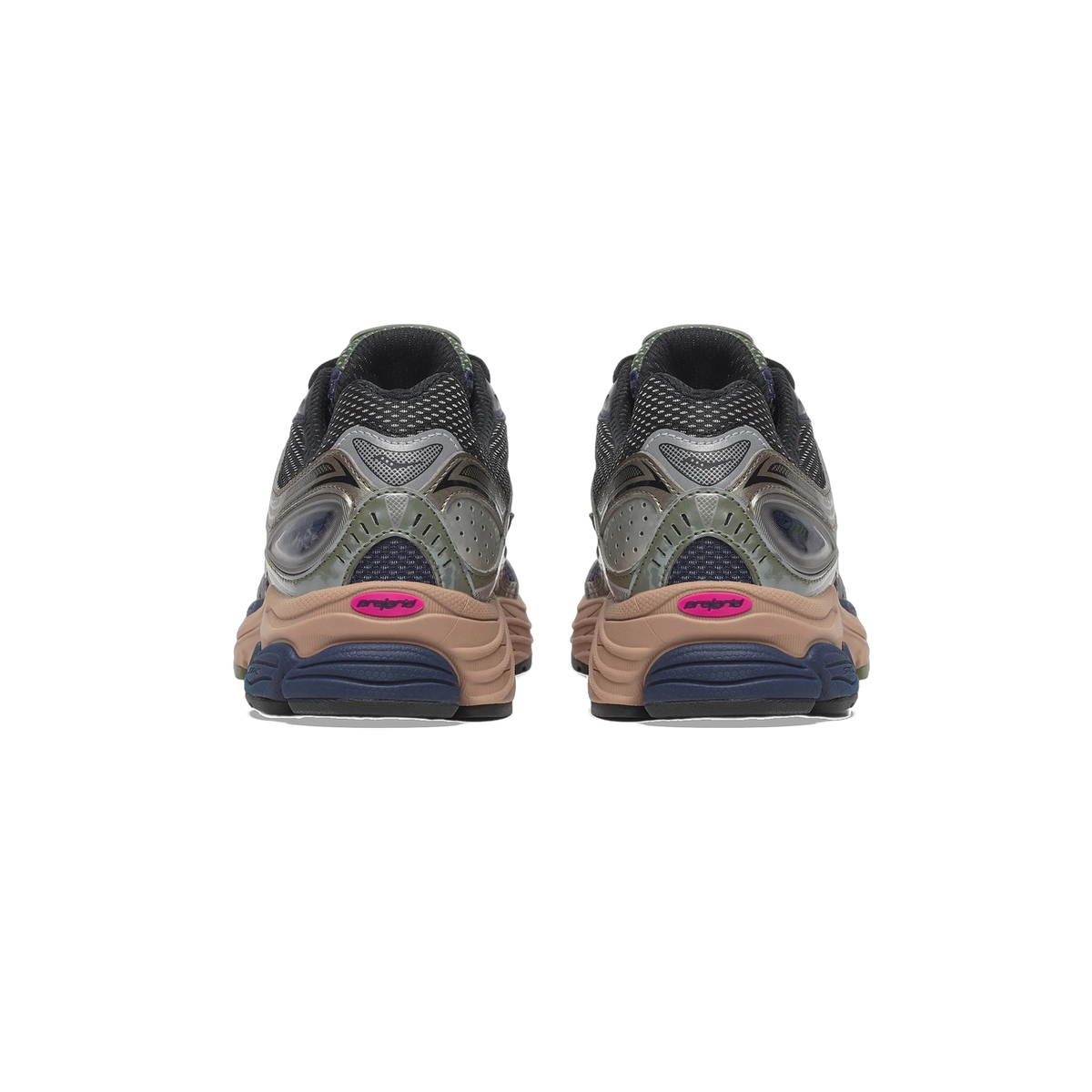 Rear view of a pair of Saucony ProGrid Omni 9 sneakers with black mesh uppers, olive and navy panels, tan midsoles, navy outsoles, and pink ProGrid heel logos.