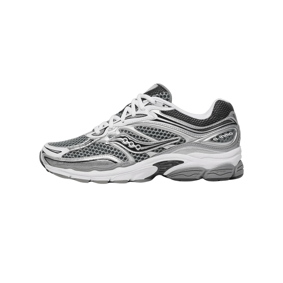 Side view of a gray, silver, and black Saucony OG ProGrid Omni 9 running shoe with white laces and a thick white and gray midsole.