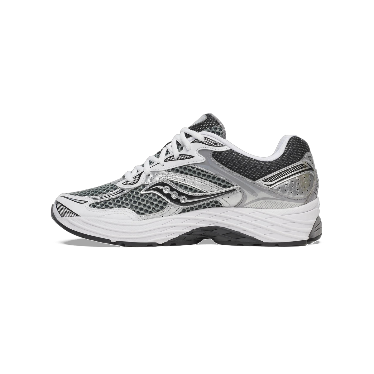 Side view of a grey, silver, and black Saucony ProGrid Omni 9 running shoe with white laces and midsole, toe pointing left.