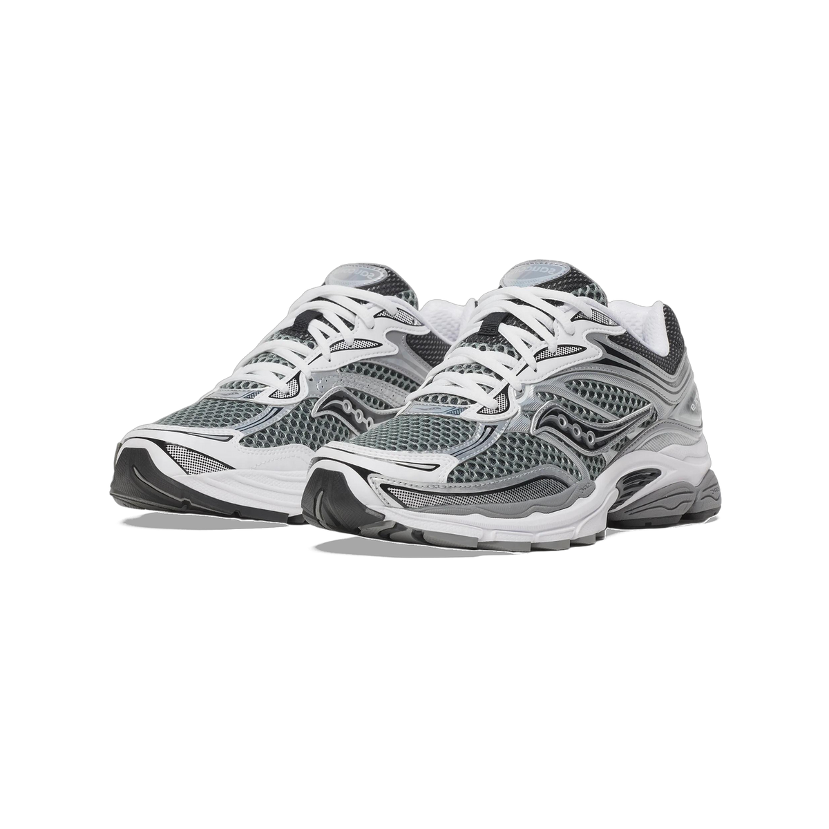 Front-angled pair of Saucony ProGrid Omni 9 sneakers in grey and silver mesh with black accents and white laces and midsoles.