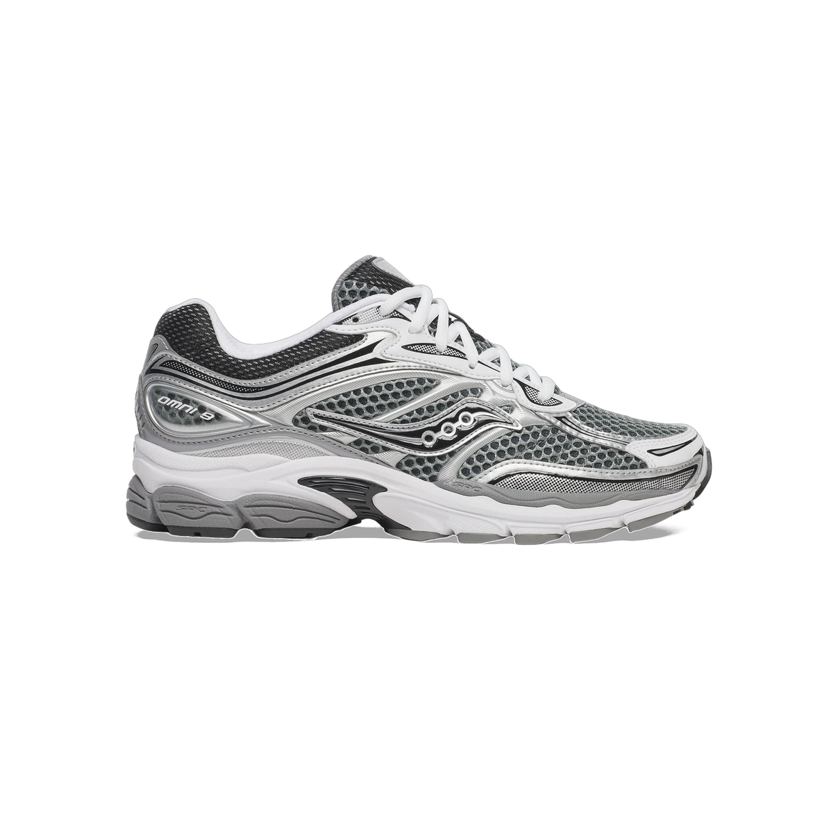 Side view of a grey, silver, and black Saucony OG ProGrid Omni 9 sneaker with mesh upper, white laces, and chunky white and grey outsole, toe pointing left.