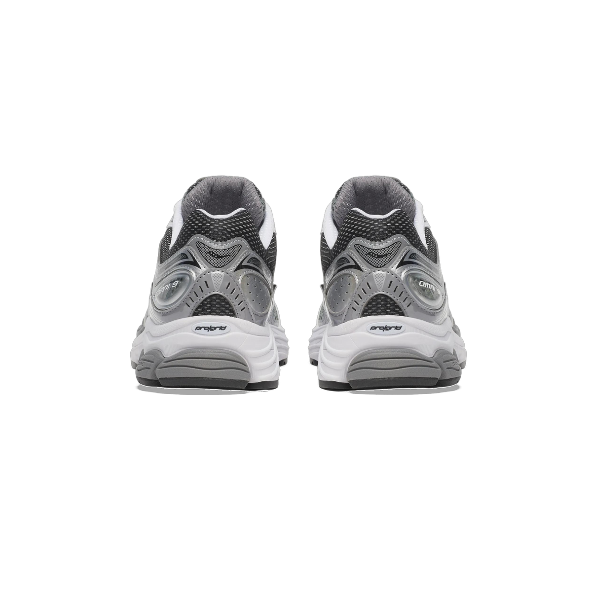 Rear view of a pair of grey, black, and white Saucony ProGrid Omni 9 sneakers showing the heel cushioning pods and ProGrid branding on the midsole.