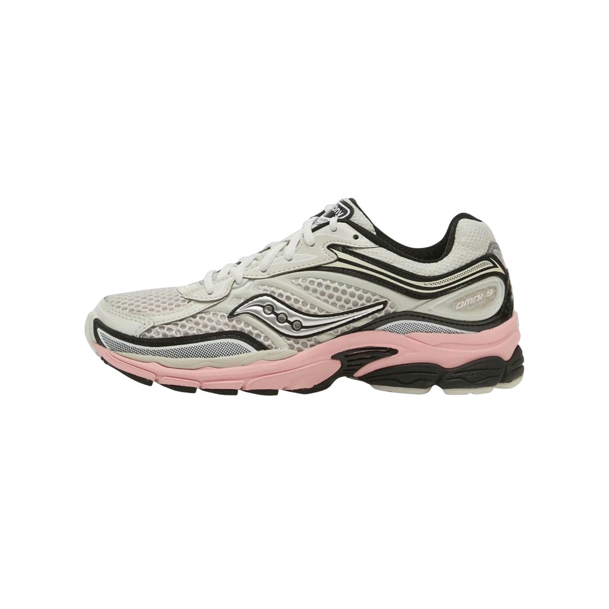 Lateral view of a Saucony OG ProGrid Omni 9 running shoe in white and gray mesh with black overlays and a pink midsole