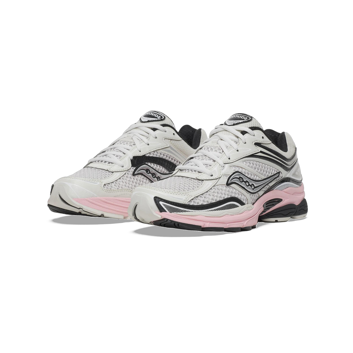 Pair of Saucony OG ProGrid Omni 9 sneakers in white mesh with black overlays and pink midsoles, angled toward the front left.