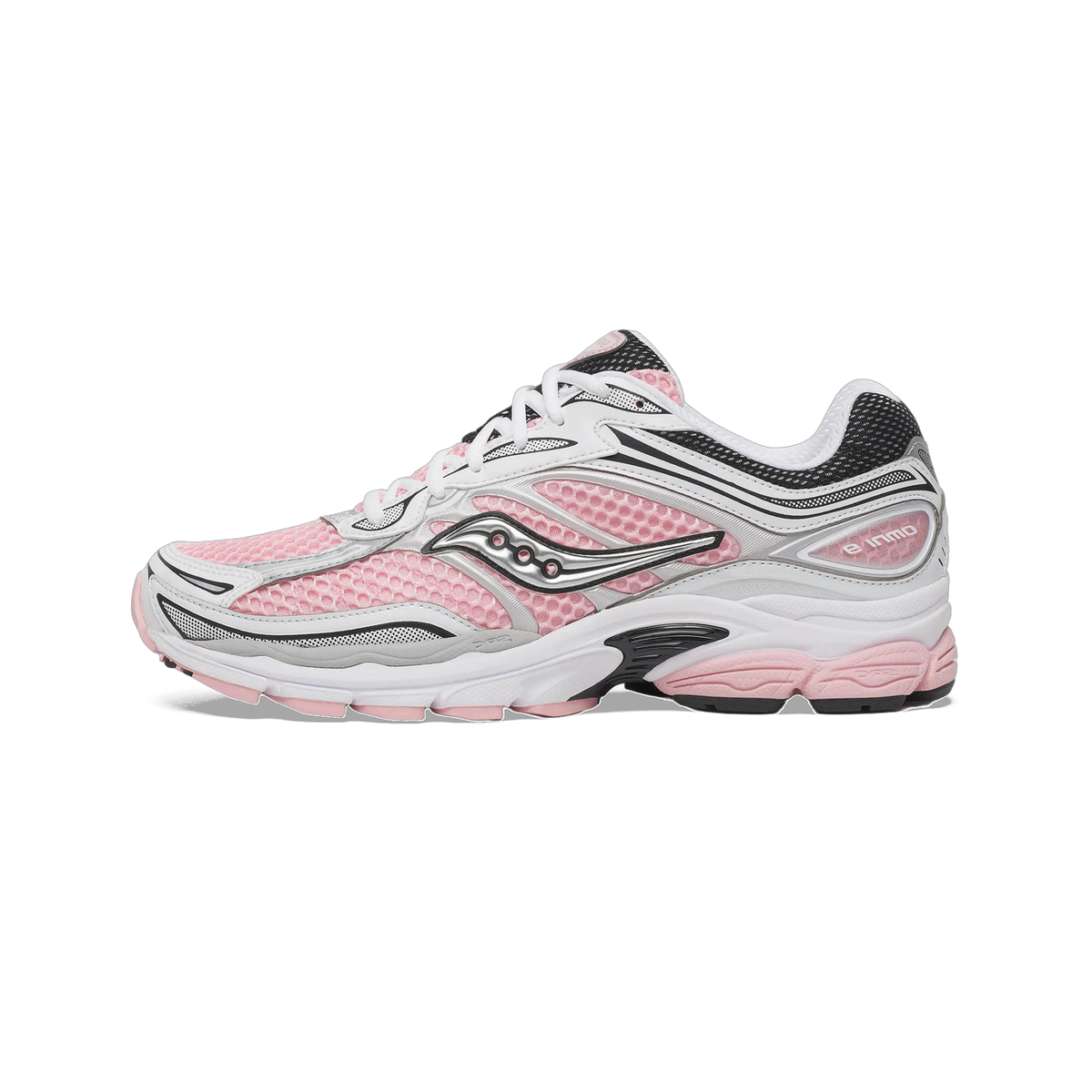Side view of a Saucony OG ProGrid Omni 9 running shoe in white and pink with black accents and silver overlays