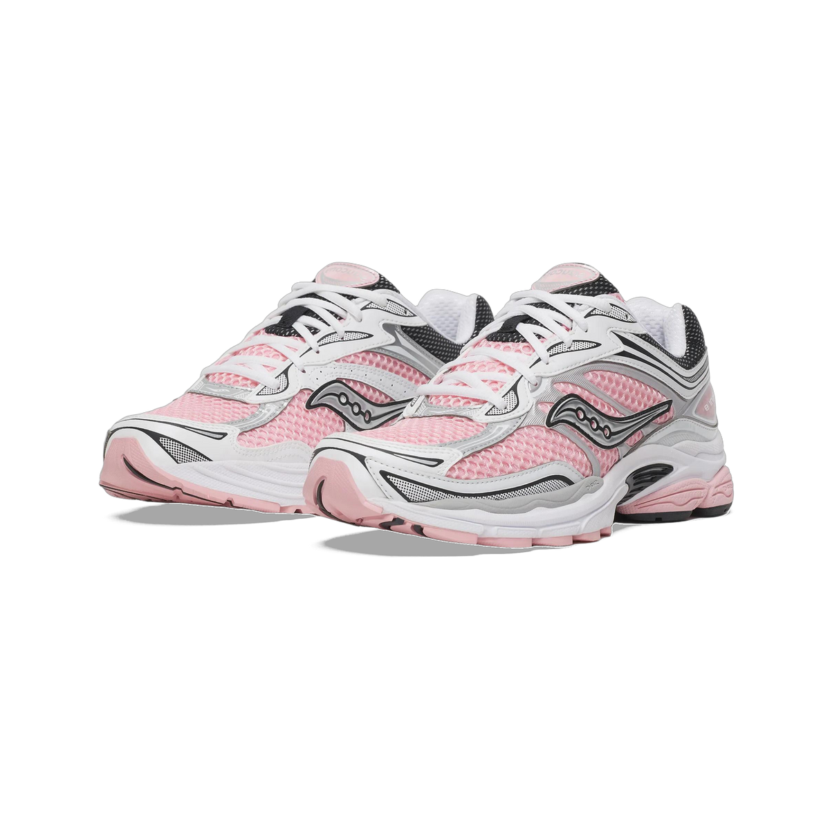Pair of Saucony OG ProGrid Omni 9 sneakers in white and pink mesh with silver and black accents, shown from a three-quarter front angle.