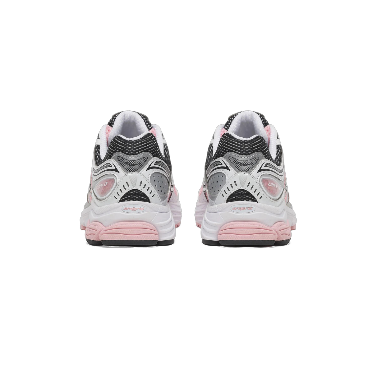 Rear view of a pair of white Saucony OG ProGrid Omni 9 sneakers with black mesh heel panels and pink midsoles and outsoles.