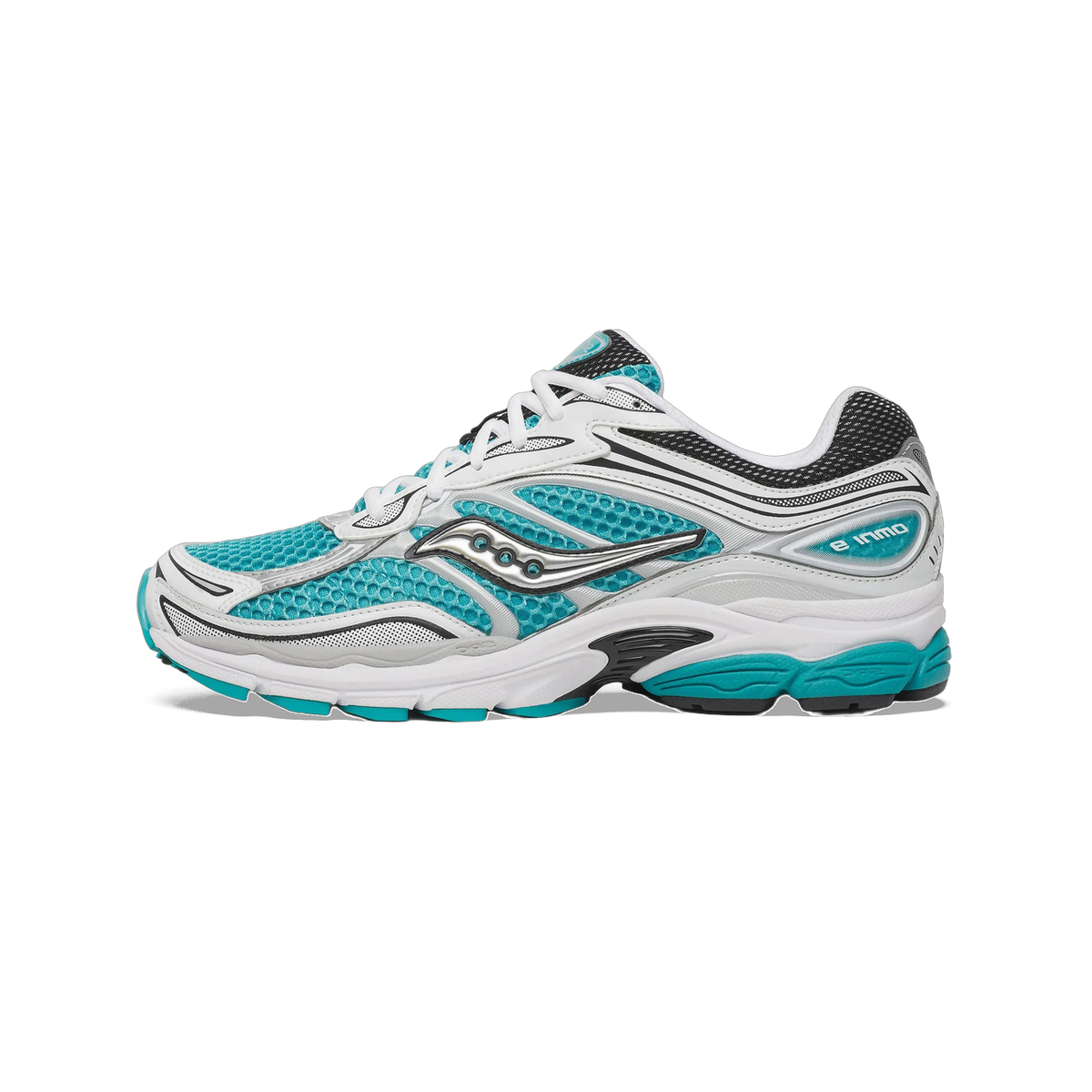 Lateral view of a Saucony OG ProGrid Omni 9 running shoe in turquoise, white, and black with silver accents and a teal outsole.
