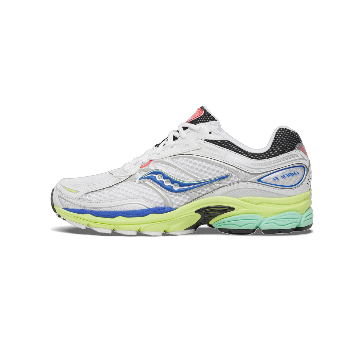 Side view of a white Saucony Omni 9 running shoe with silver accents, blue logo and Omni 9 branding, and lime-green and mint midsole, with the toe pointing right.