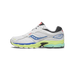 Side view of a white Saucony Omni 9 running shoe with silver accents, blue logo and Omni 9 branding, and lime-green and mint midsole, with the toe pointing right.
