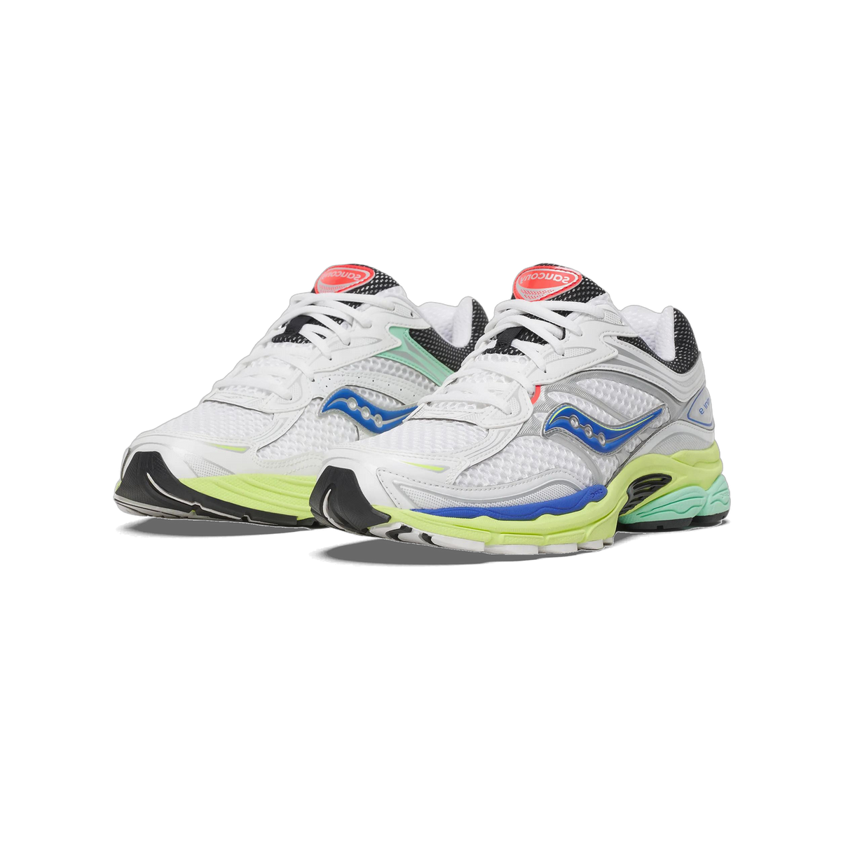 A pair of white Saucony running shoes with blue, lime green, mint and silver accents, angled side by side with their toes pointing toward the viewer's left and laces visible.