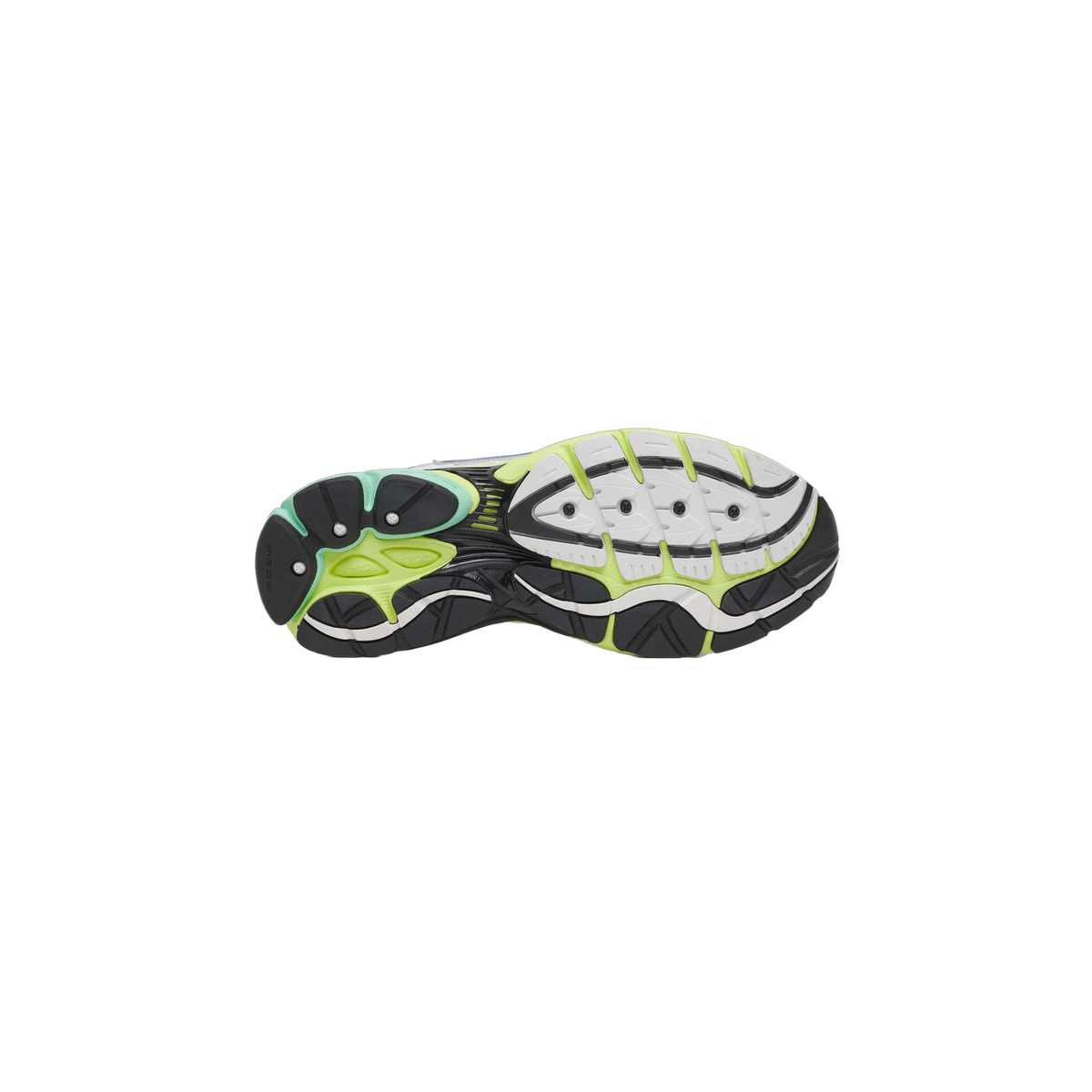 Underside of a Saucony running shoe showing the full outsole with black, white, and neon yellow-green lugs and a mint-green heel section, with visible pivot pins and a blue upper edge at the side.