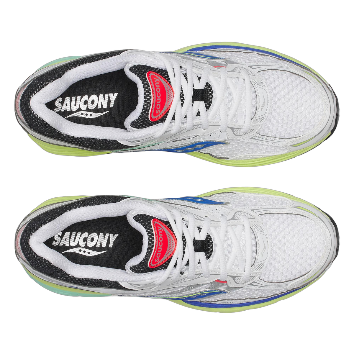 Overhead top-down view of a pair of white Saucony running shoes with black and blue accents, lime-green midsoles, and red heel tabs, showing the laces, tongues, and black insoles with the Saucony logo.