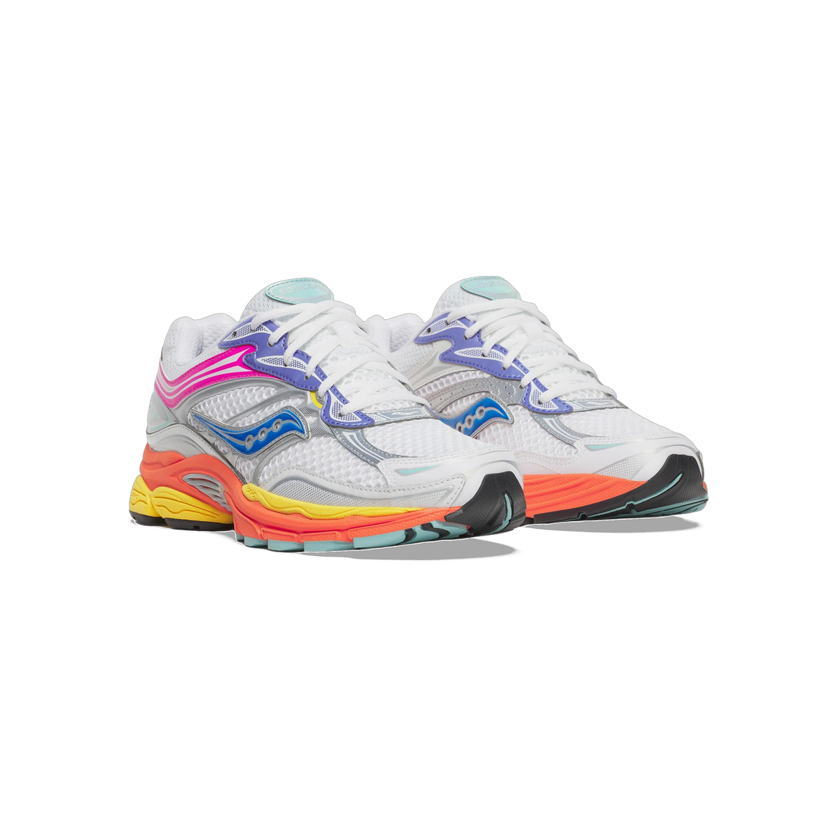 Front-angled view of a pair of white Saucony ProGrid Omni 9 sneakers with pink, purple, and blue overlays and an orange-to-yellow gradient midsole