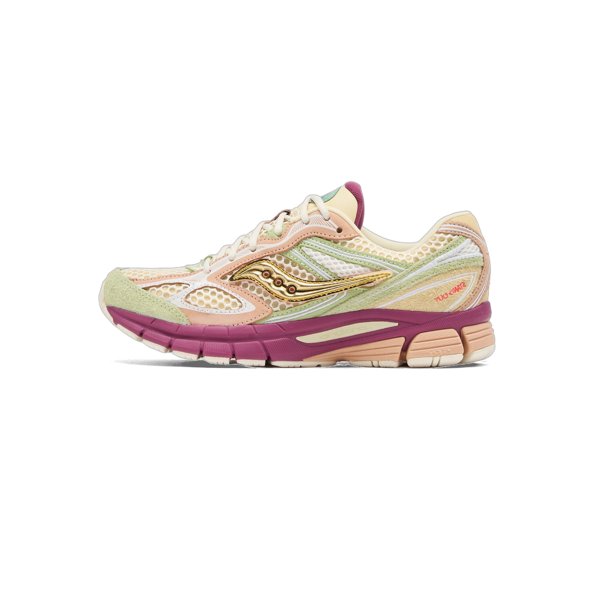 Side view of a Saucony ProGrid Guide 7 sneaker in cream, pink, sage green and gold with a maroon midsole and metallic gold logo swoosh, toe pointing left.