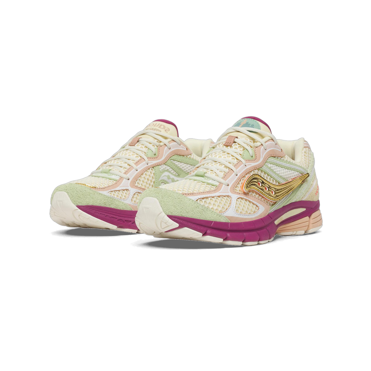 Pair of Saucony ProGrid Guide 7 sneakers in white and beige mesh with sage green suede overlays, magenta midsoles, and a gold metallic logo, angled toward the left