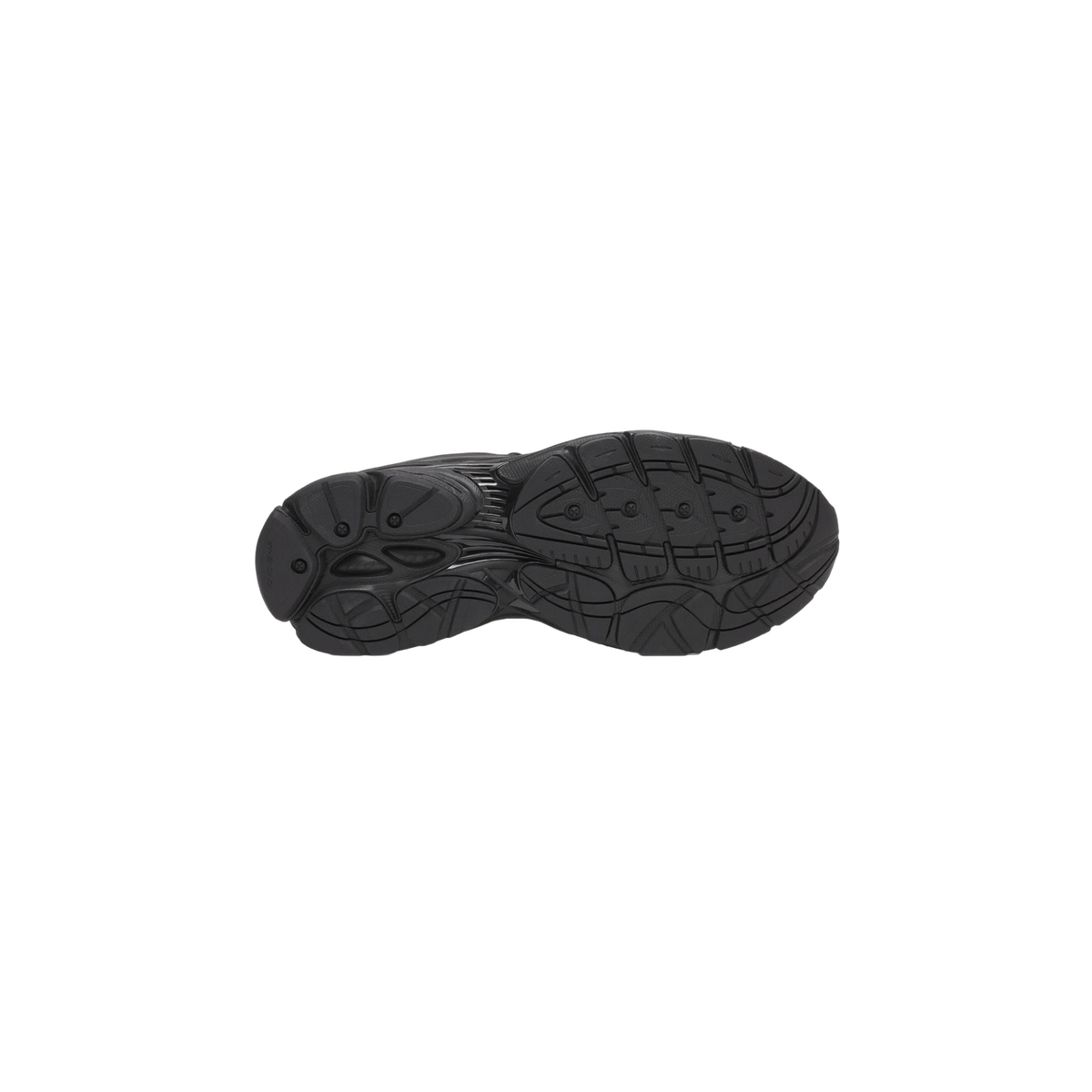 Bottom view of a black Saucony ProGrid Omni 9 Armor sneaker showing the full tread pattern of the outsole.