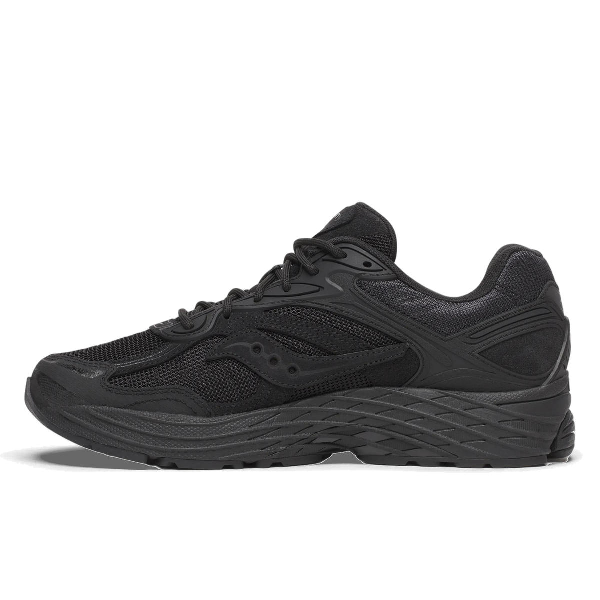 Side view of a black Saucony ProGrid Omni 9 Armor running shoe with mesh and suede panels, toe pointing left.