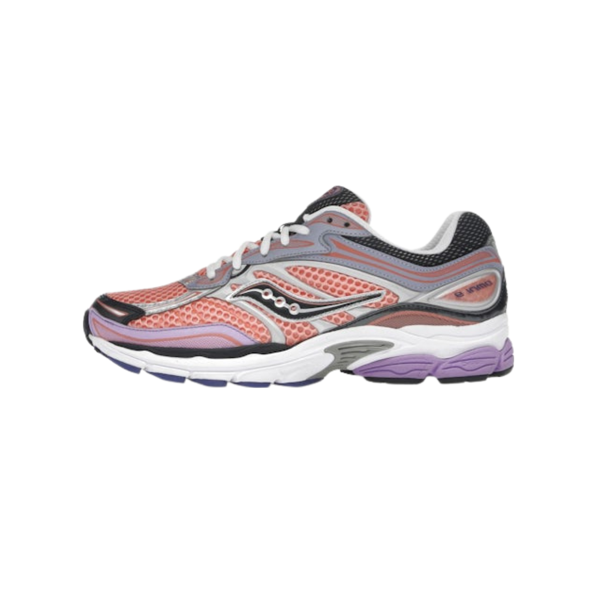 Side profile of a single Saucony running shoe with the toe pointing left, showing a coral-pink mesh upper with silver and grey overlays, black heel counter, white lacing, a purple accent on the midsole and a white and purple outsole.