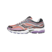 Side profile of a single Saucony running shoe with the toe pointing left, showing a coral-pink mesh upper with silver and grey overlays, black heel counter, white lacing, a purple accent on the midsole and a white and purple outsole.