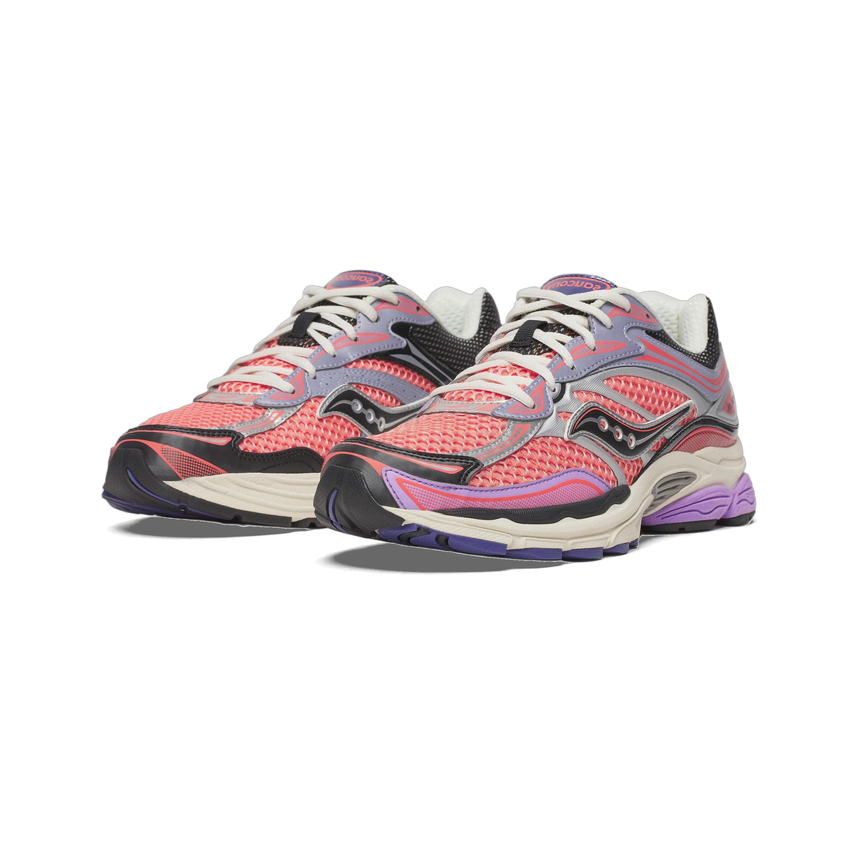 A pair of Saucony ProGrid Omni 9 sneakers shown side by side at a three-quarter angle, with coral-pink mesh uppers, purple and silver overlays, black accents, cream midsoles, and purple outsole edges.