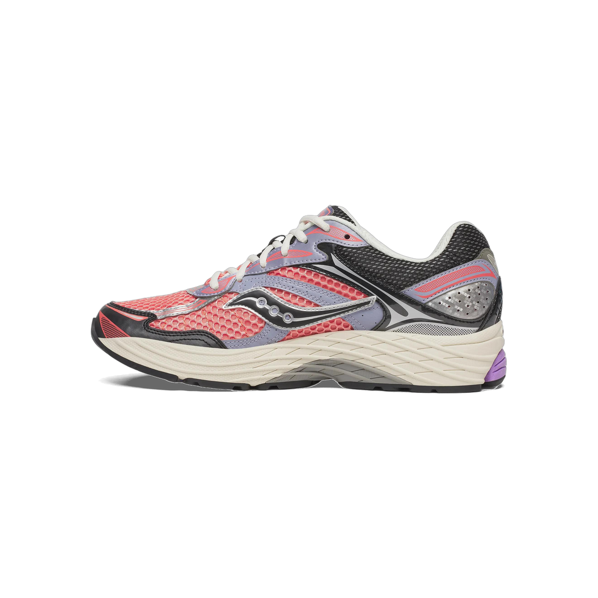 Side profile of a single Saucony ProGrid Omni 9 running shoe with the toe pointing left, showing a coral-pink mesh upper, lavender overlays, black and silver accents, a cream midsole, and a purple heel accent.