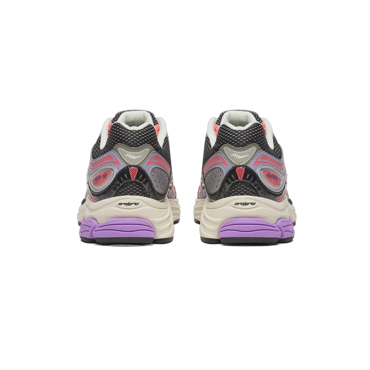 Rear view of a pair of Saucony ProGrid Omni 9 sneakers standing side by side on a white background, showing black mesh uppers with pink and lavender accents, cream midsoles, purple heel pods, and the ProGrid and Omni 9 branding on the heel.
