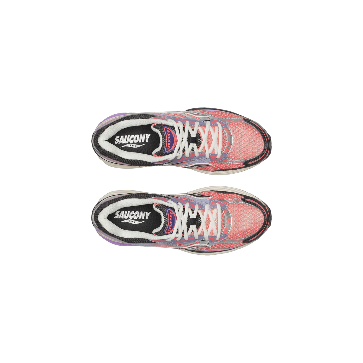 Overhead view of a pair of Saucony ProGrid Omni 9 sneakers in coral pink, lilac purple, black and white, with white laces, visible Saucony branding on the insoles, and a purple heel accent.