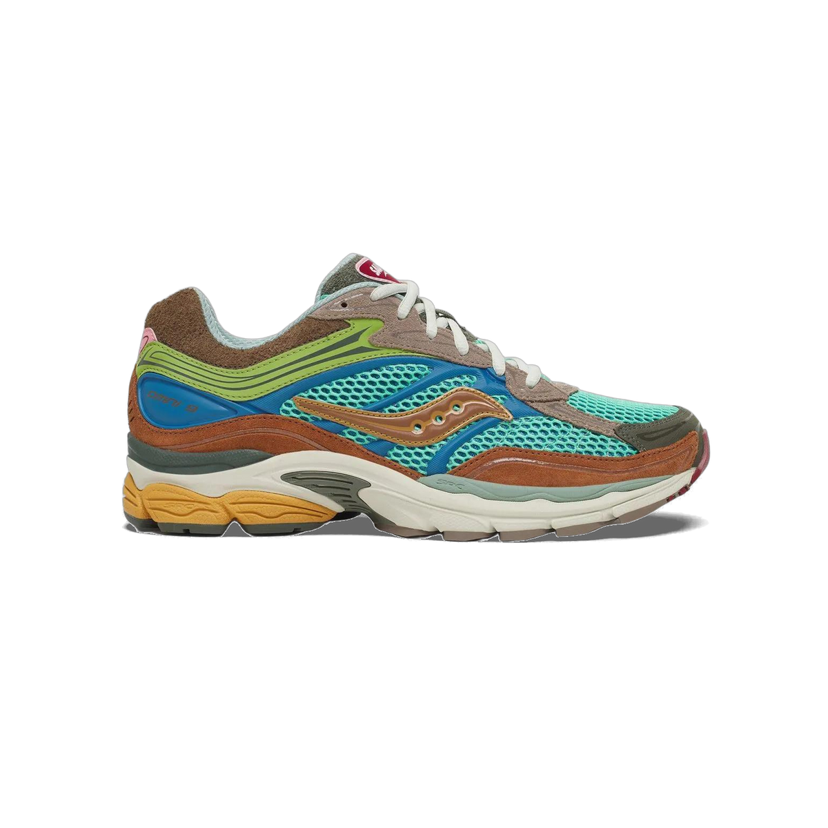 Left Saucony ProGrid Omni 9 sneaker shown from the outside with teal mesh upper, brown suede overlays, blue and olive accents, and a gold-yellow outsole, toe pointing left.
