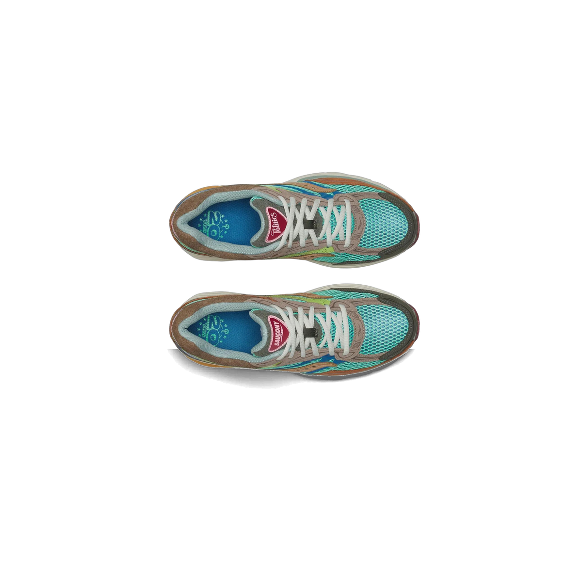 Top-down view of a pair of multicolor Saucony ProGrid Omni 9 sneakers with teal mesh, tan suede overlays, white laces, and a red Politics pull tab.