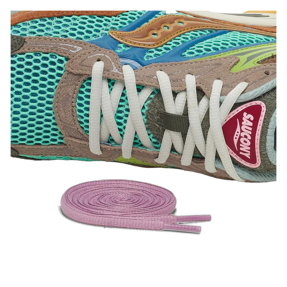 Close-up of a multicolor Saucony ProGrid Omni 9 sneaker's lacing area with teal mesh, tan suede overlays, and a pink Saucony heel tab, with an extra pair of purple laces coiled beside it