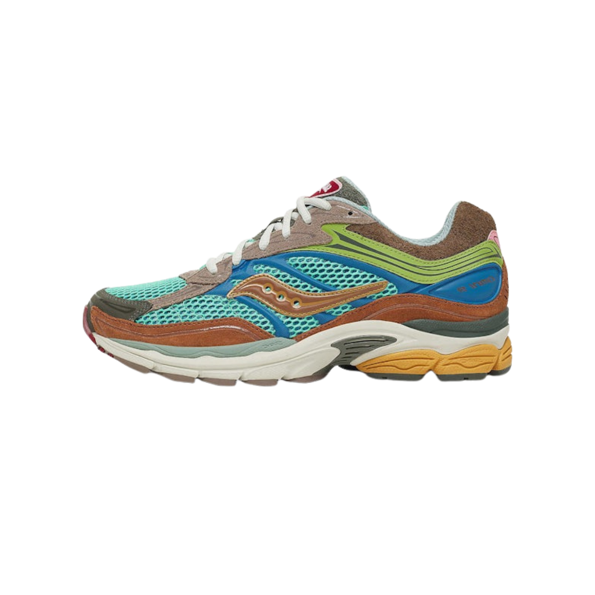 Side view of a Saucony ProGrid Omni 9 sneaker with toe pointing left, featuring teal mesh, brown and tan suede panels, blue overlays, and a cream midsole with tan and olive outsole accents.