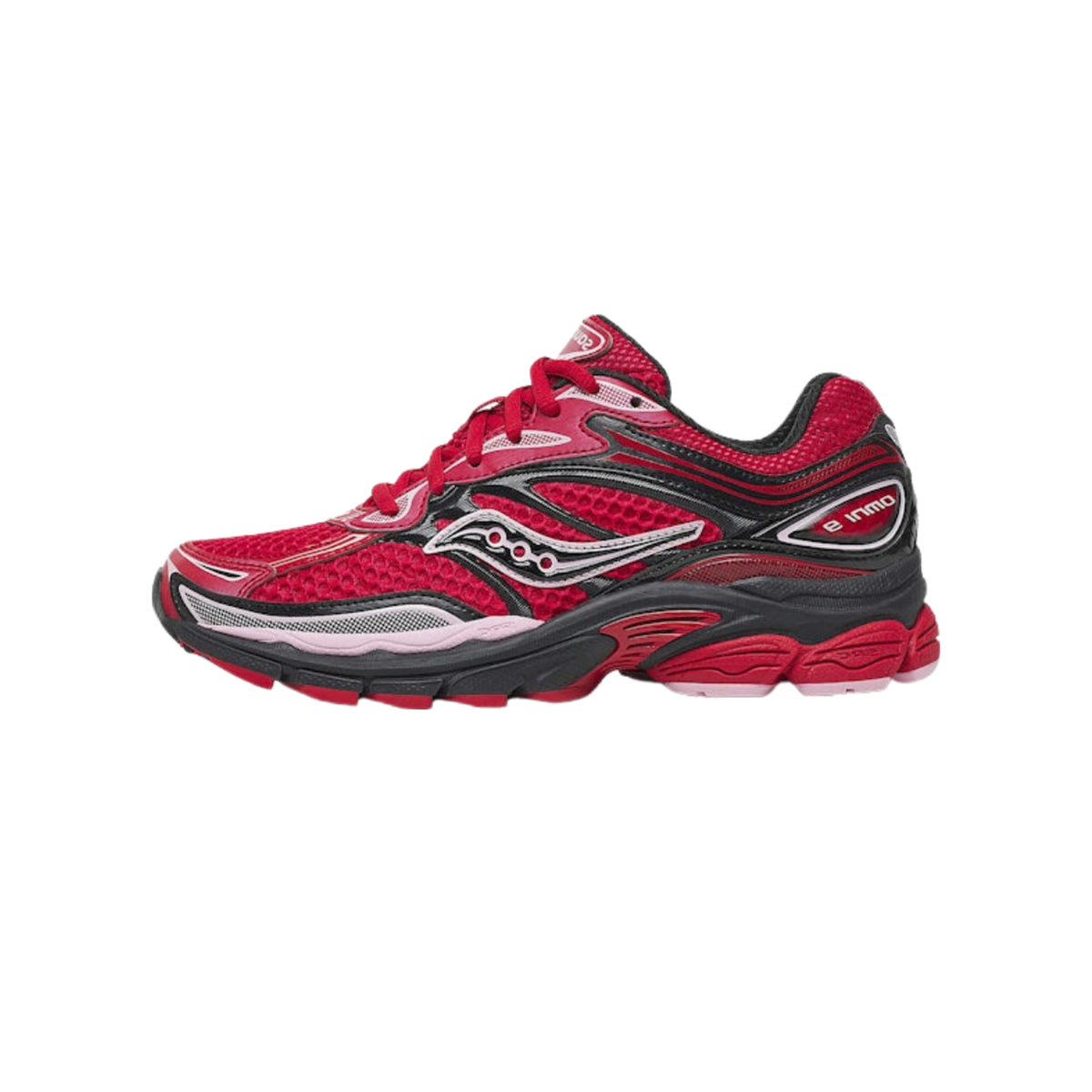 Right side view of a red Saucony ProGrid Omni 9 running shoe with black overlays, white Saucony logo, pink accents, and a chunky black and red outsole