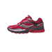 Right side view of a red Saucony ProGrid Omni 9 running shoe with black overlays, white Saucony logo, pink accents, and a chunky black and red outsole