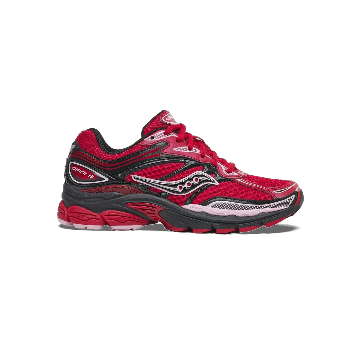 Side view of a red, black, and pink Saucony ProGrid Omni 9 running shoe with toe pointing left, showing the Saucony logo and Omni 9 branding