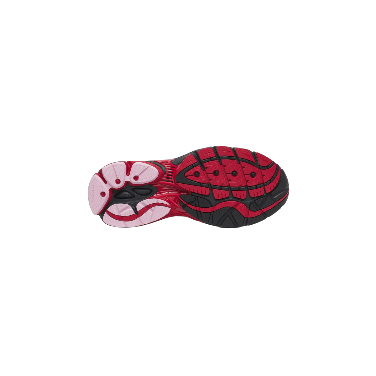 Bottom view of a Saucony ProGrid Omni 9 sneaker showing a red, black, and pink outsole tread pattern.