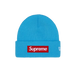 supreme new era box logo beanie cyan premium knit streetwear beanie with red box logo at The Attic
