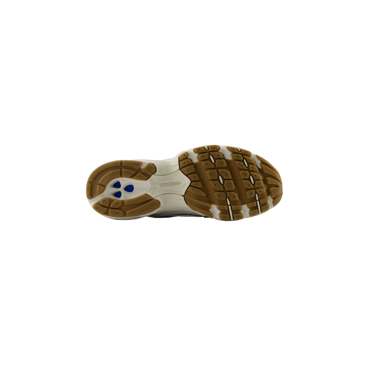 Bottom view of a New Balance U5302V3 shoe showing a brown lugged outsole with cream midsole accents and a blue heel insert