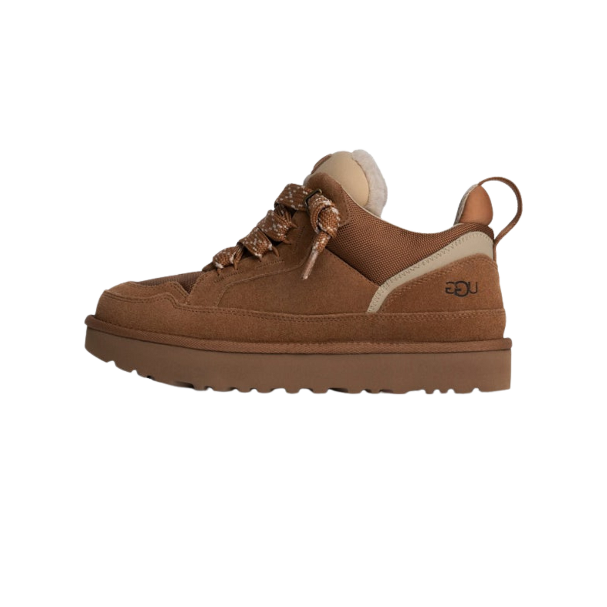 Side view of a brown UGG Lowmel shoe with suede upper, patterned laces, shearling trim at the collar, and a chunky lugged outsole, toe pointing left.
