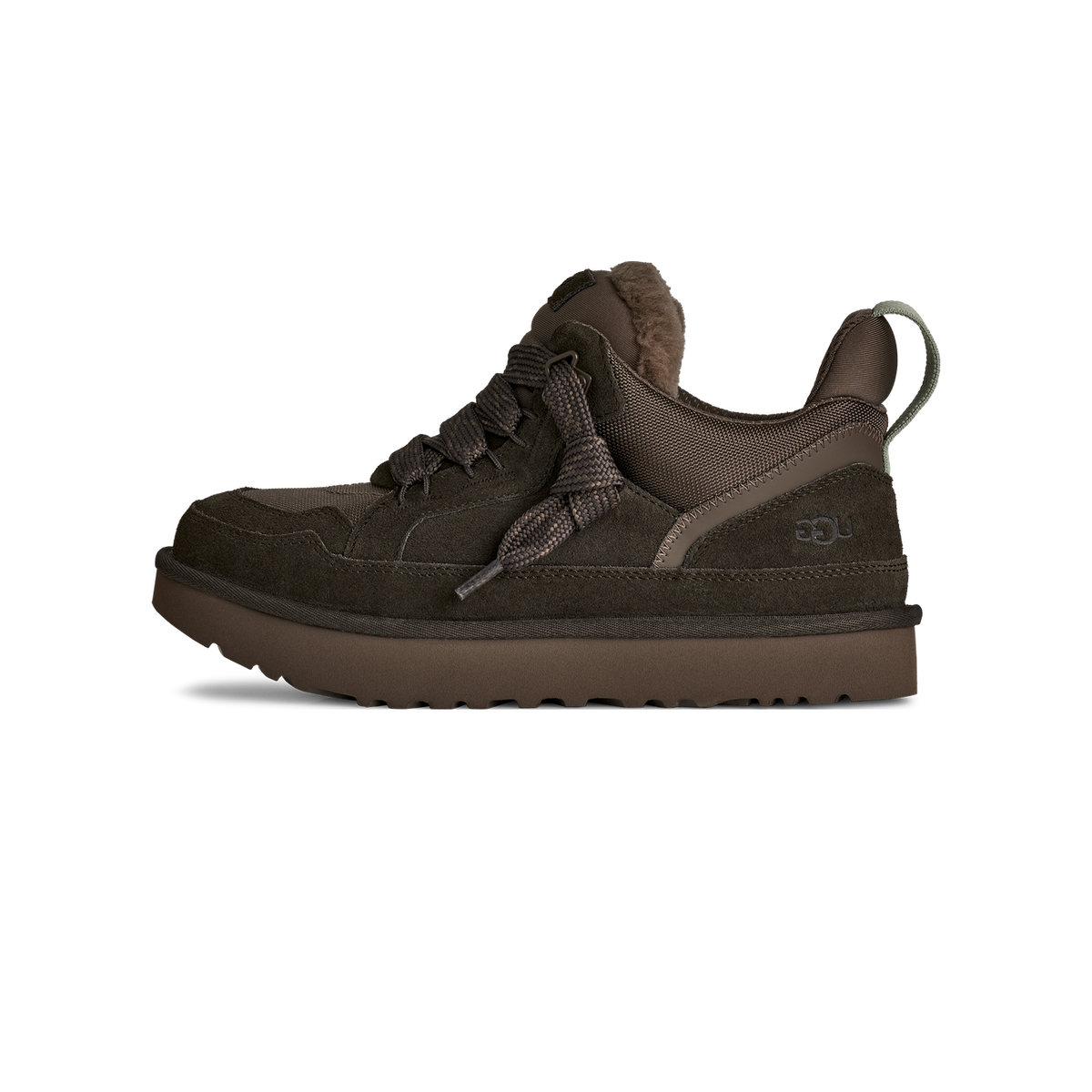 Side view of a dark brown UGG Lowmel shoe with suede toe panel, thick flat laces, a fleece-lined collar, and a chunky lugged sole, toe pointing left.